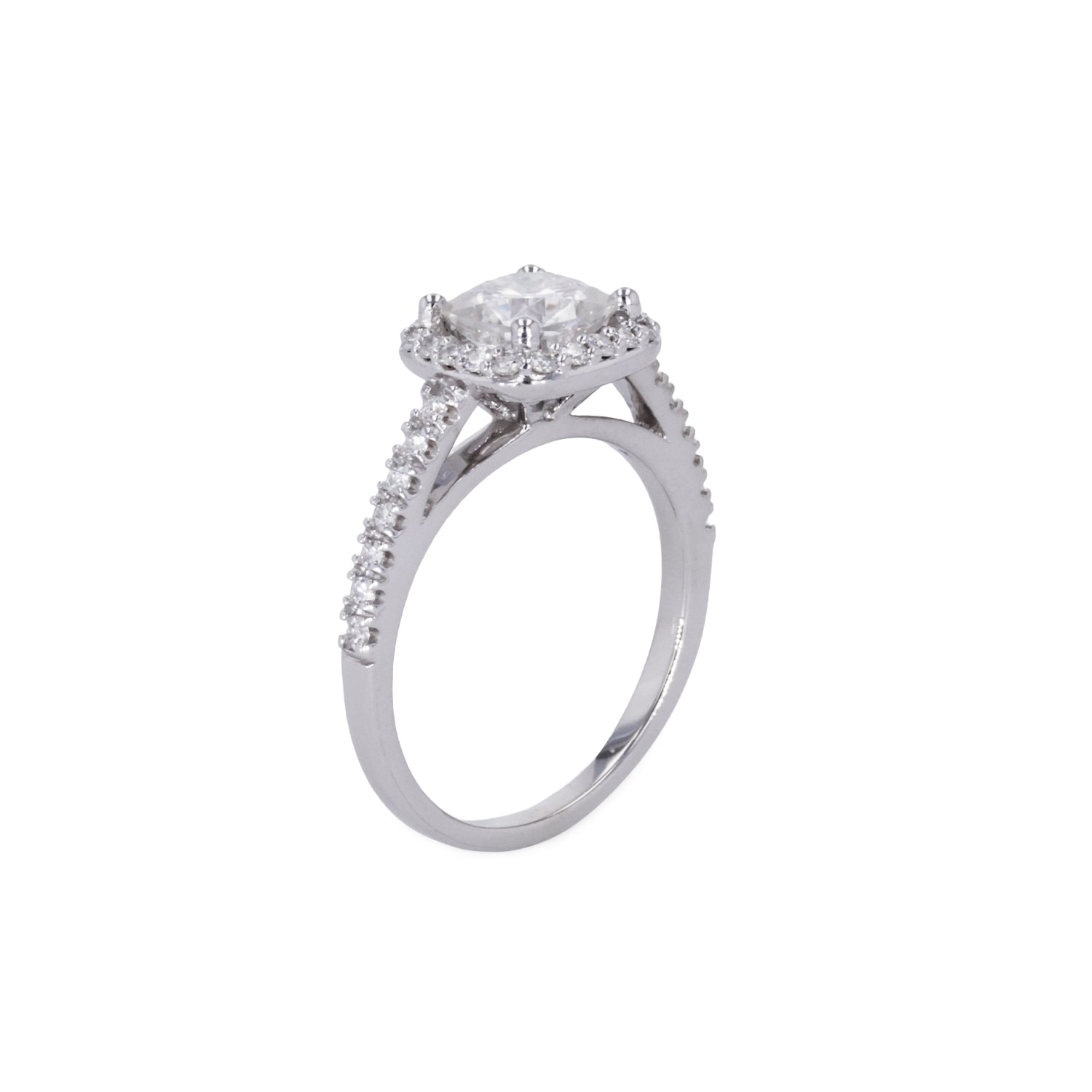 1.37 CTW DEW Cushion Moissanite Accented Halo Engagement Ring in 14K White Gold