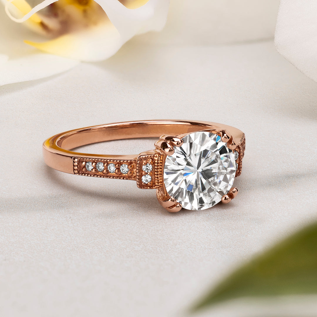 1.96 CTW DEW Round Moissanite Milgrain Accented Engagement Ring in 14K Rose Gold