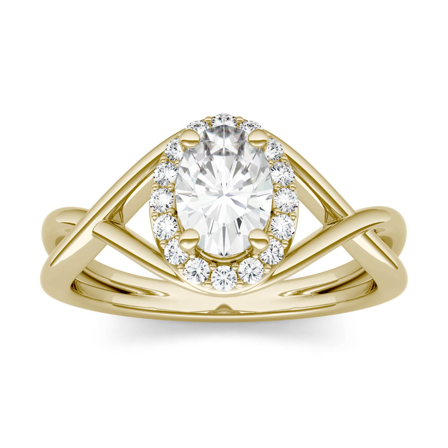 1.06 CTW DEW Oval Moissanite Halo Twist Engagement Ring in 14K Yellow Gold