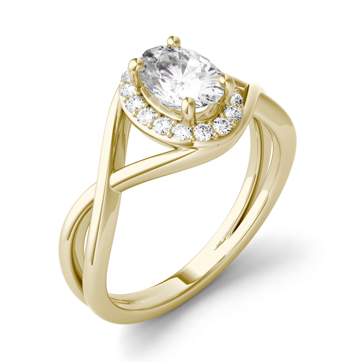 1.06 CTW DEW Oval Moissanite Halo Twist Engagement Ring in 14K Yellow Gold