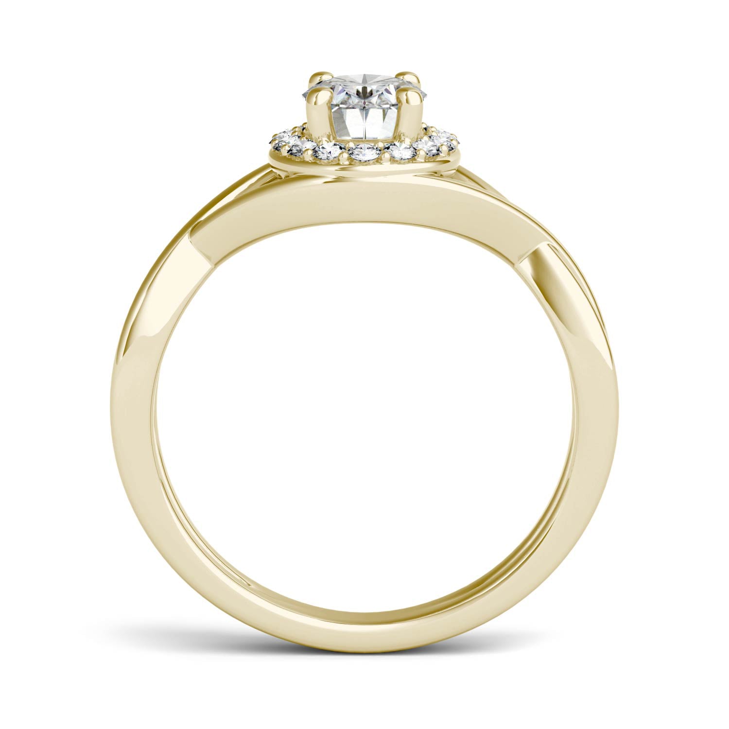 1.06 CTW DEW Oval Moissanite Halo Twist Engagement Ring in 14K Yellow Gold