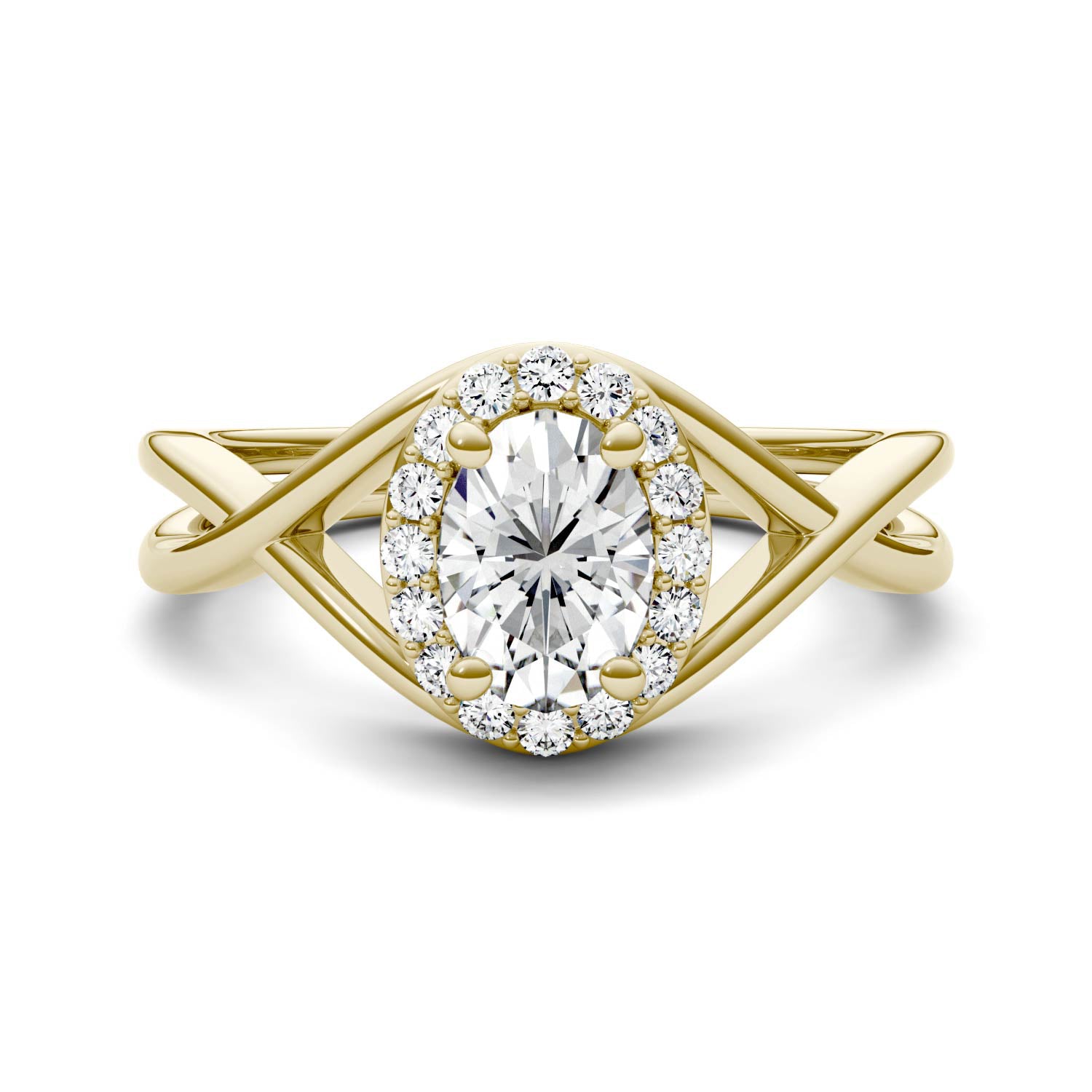 1.06 CTW DEW Oval Moissanite Halo Twist Engagement Ring in 14K Yellow Gold