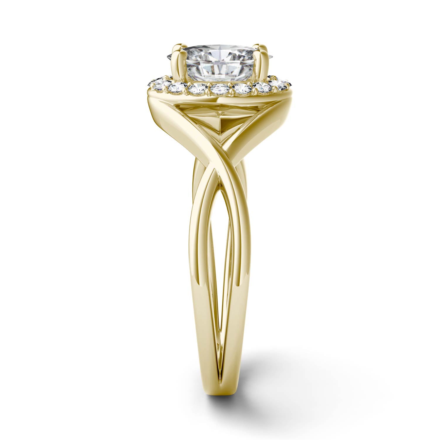 1.06 CTW DEW Oval Moissanite Halo Twist Engagement Ring in 14K Yellow Gold