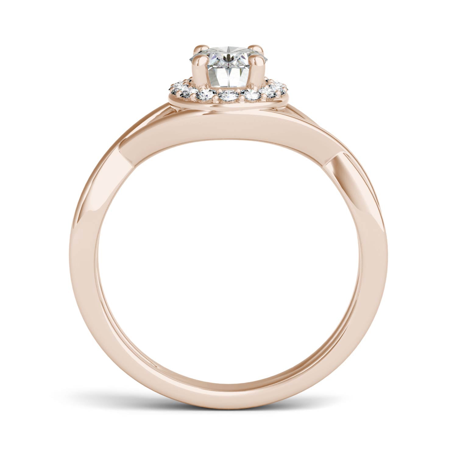 1.06 CTW DEW Oval Moissanite Halo Twist Engagement Ring in 14K Rose Gold