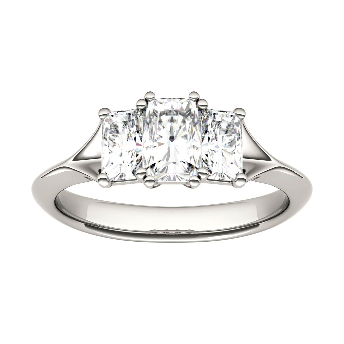 1.36 CTW DEW Radiant Moissanite Three Stone Ring in 14K White Gold