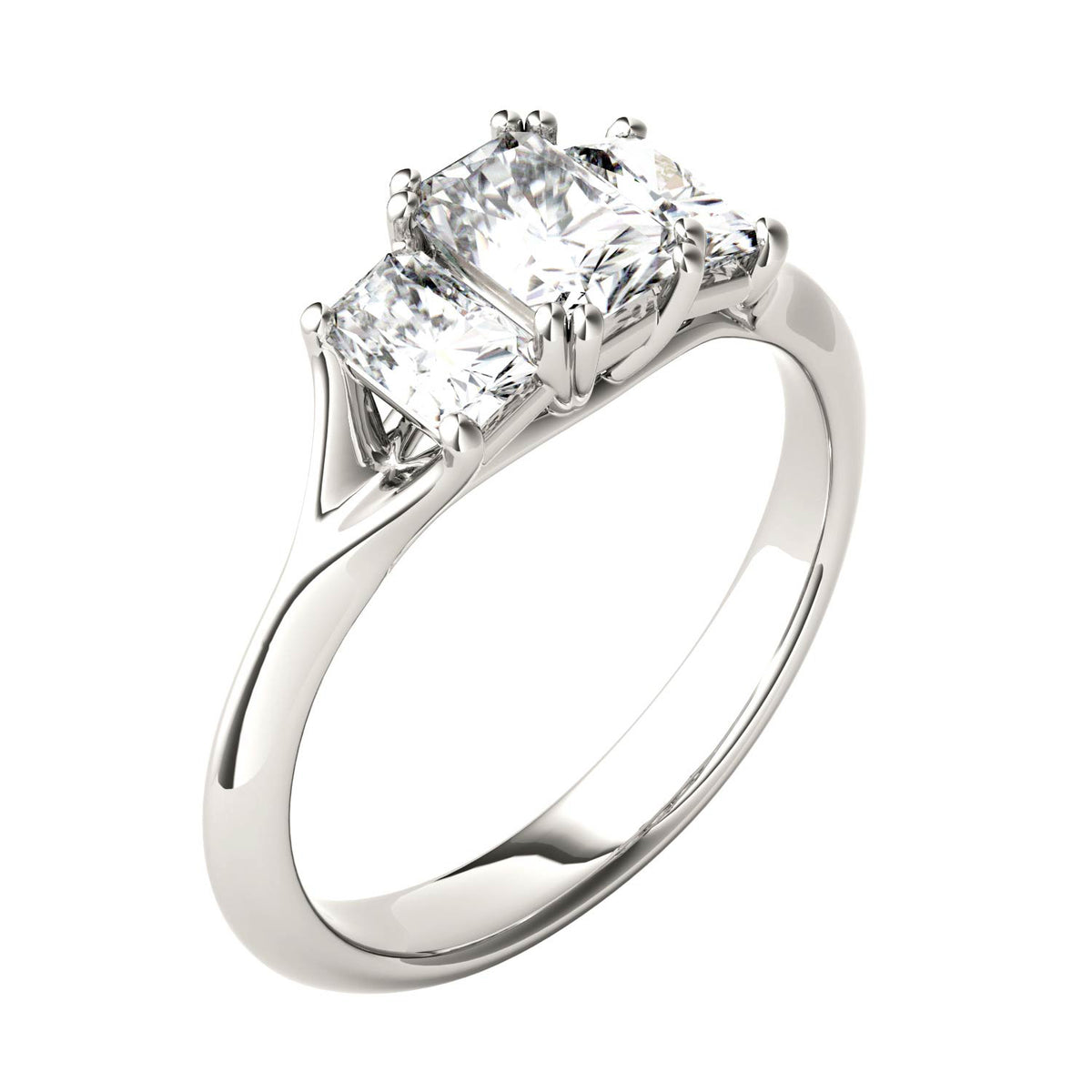 1.36 CTW DEW Radiant Moissanite Three Stone Ring in 14K White Gold