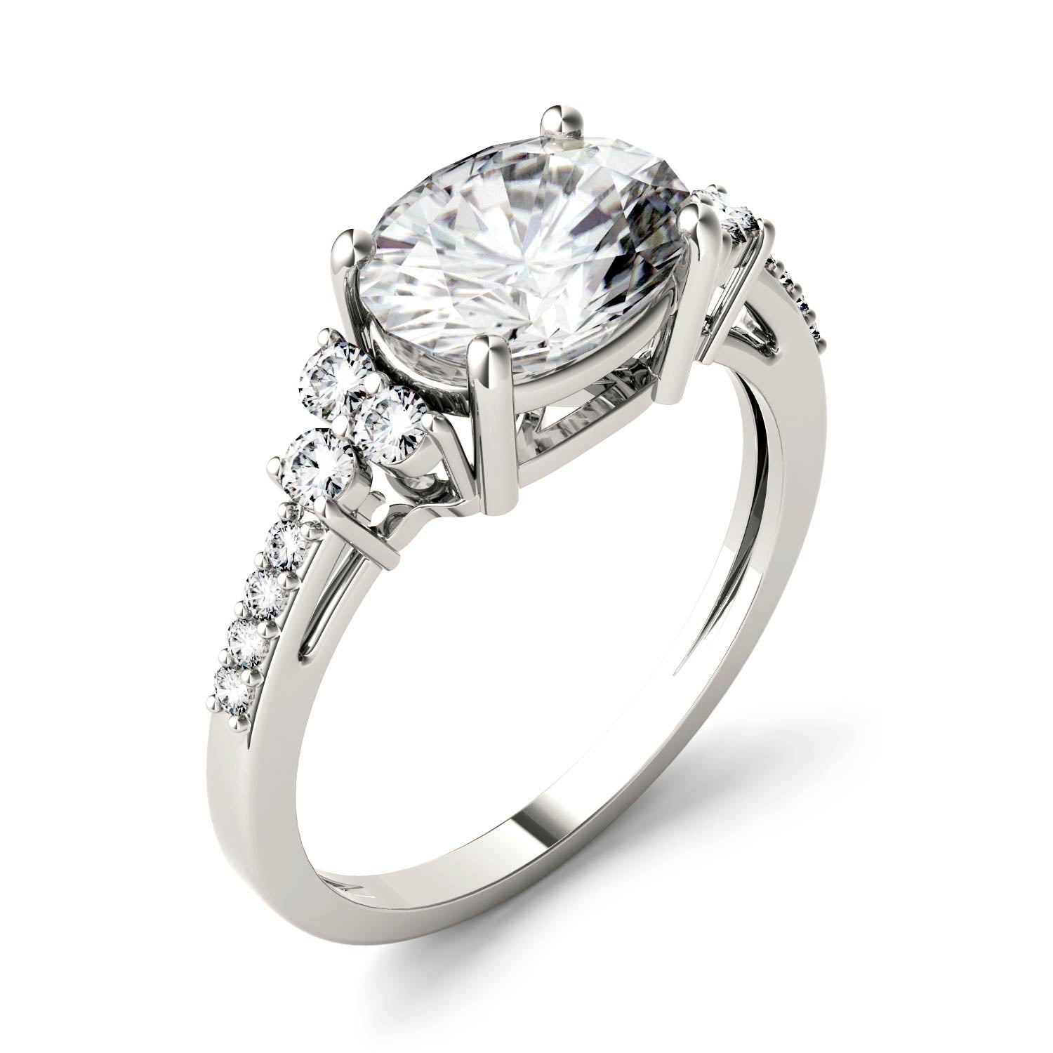 2.30 CTW DEW Oval Moissanite East-West with Side Accents Engagement Ring in 14K White Gold