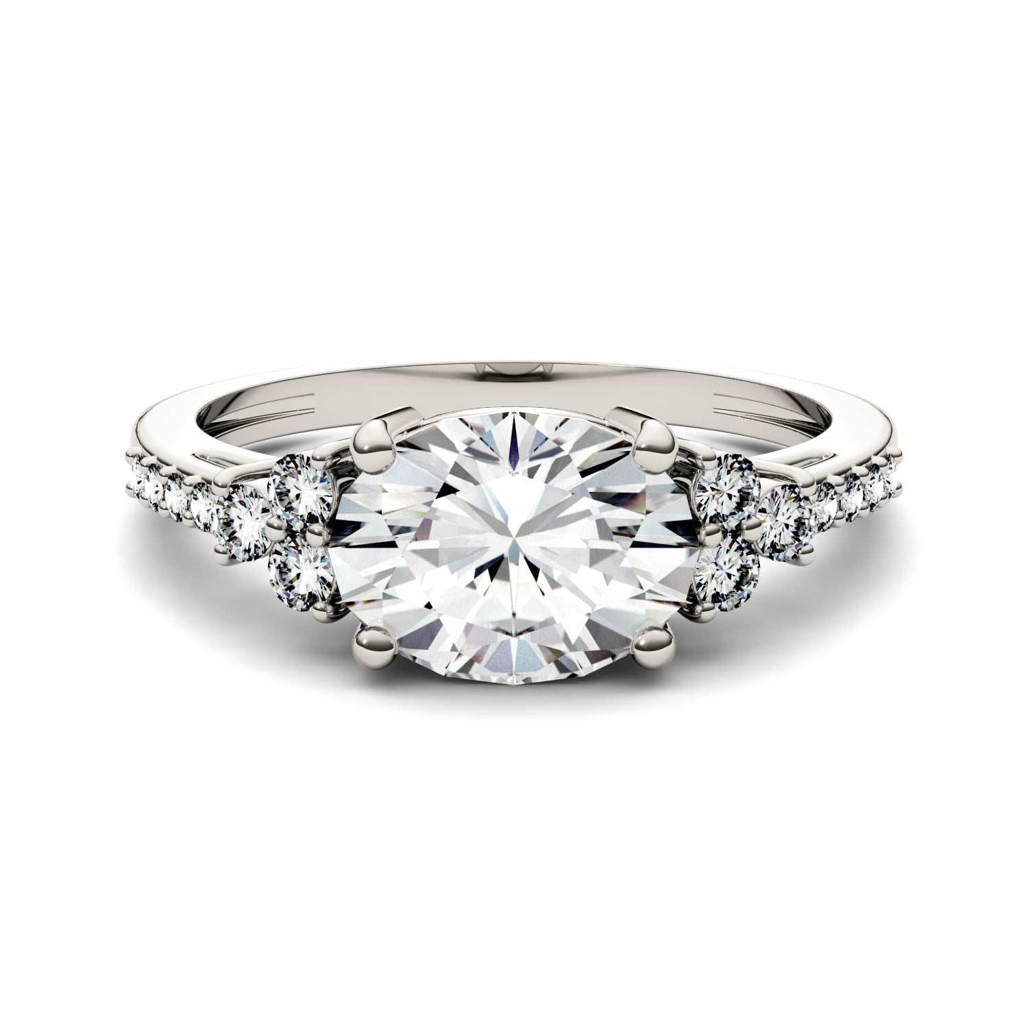 2.30 CTW DEW Oval Moissanite East-West with Side Accents Engagement Ring in 14K White Gold