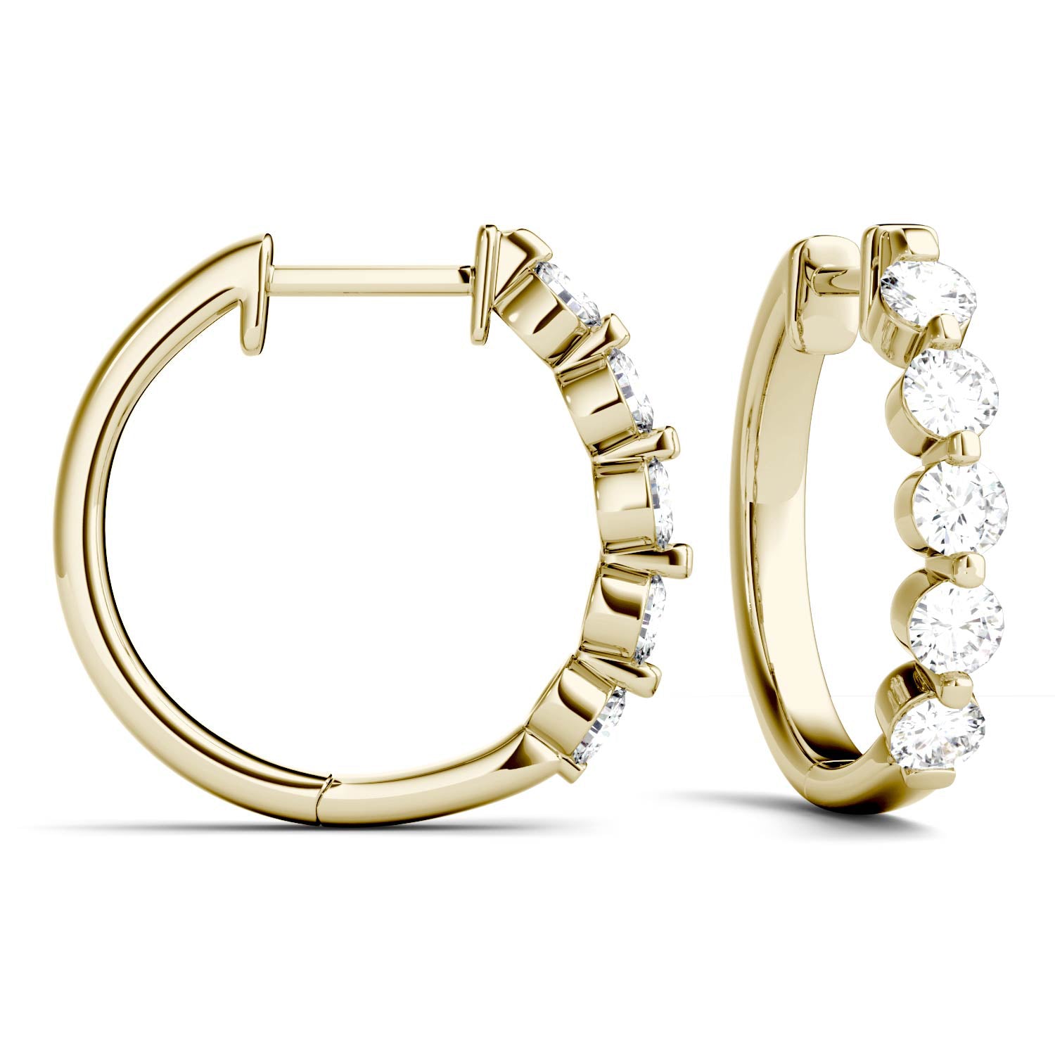 1.00 CTW DEW Round Moissanite Five Stone Hoop Earrings in 14K Yellow Gold
