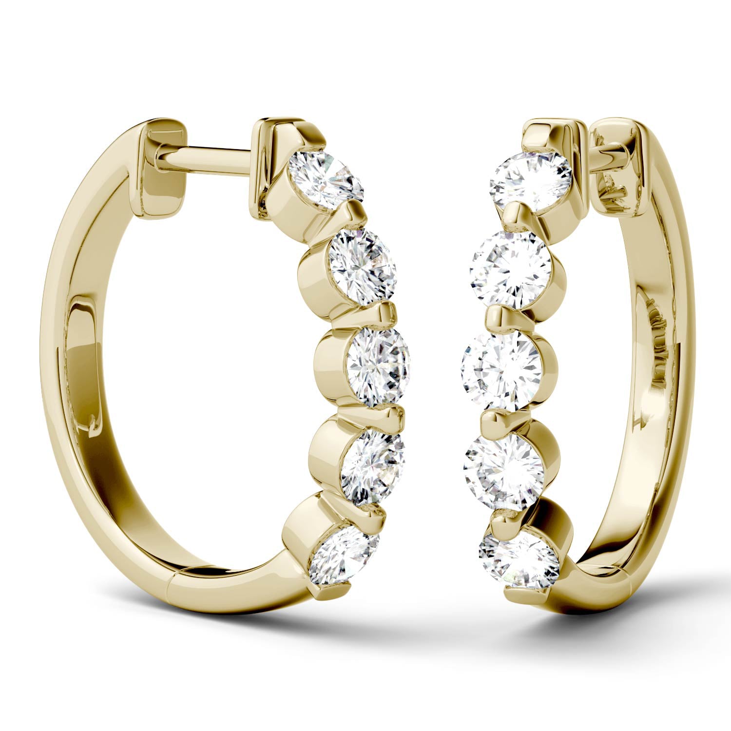 1.00 CTW DEW Round Moissanite Five Stone Hoop Earrings in 14K Yellow Gold