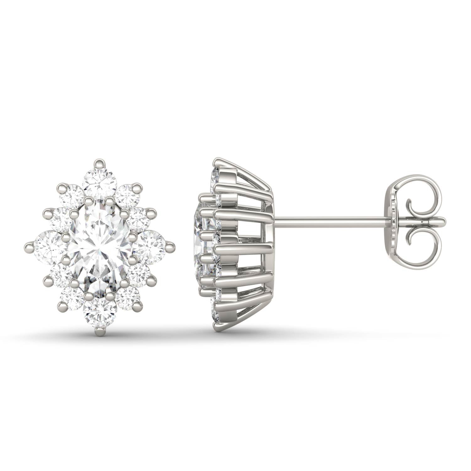 1.40 CTW DEW Oval  Moissanite Floral Halo Stud Earrings in 14K White Gold