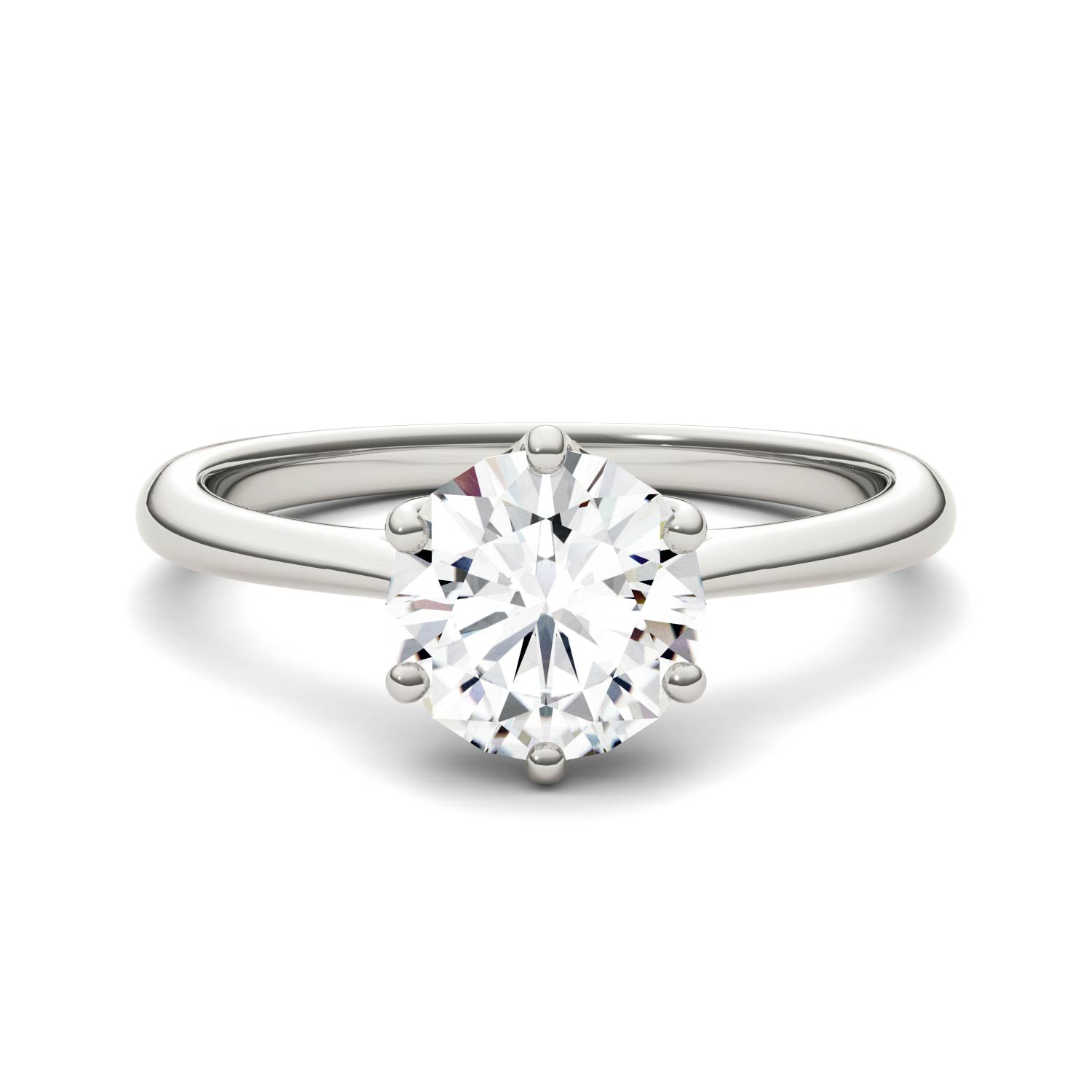 1.50 CTW DEW Round Moissanite Six Prong Solitaire Trellis Engagement Ring in 14K White Gold