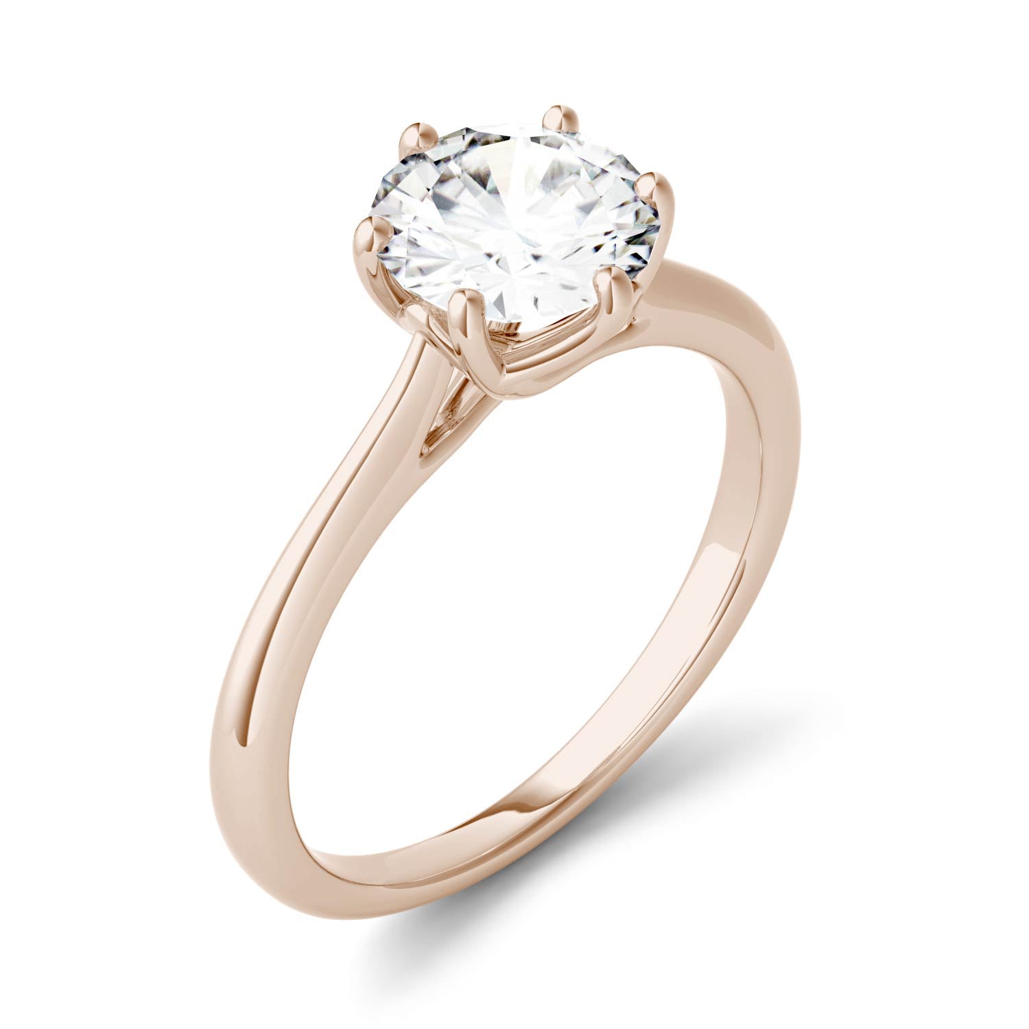 1.50 CTW DEW Round Moissanite Six Prong Solitaire Trellis Engagement Ring in 14K Rose Gold