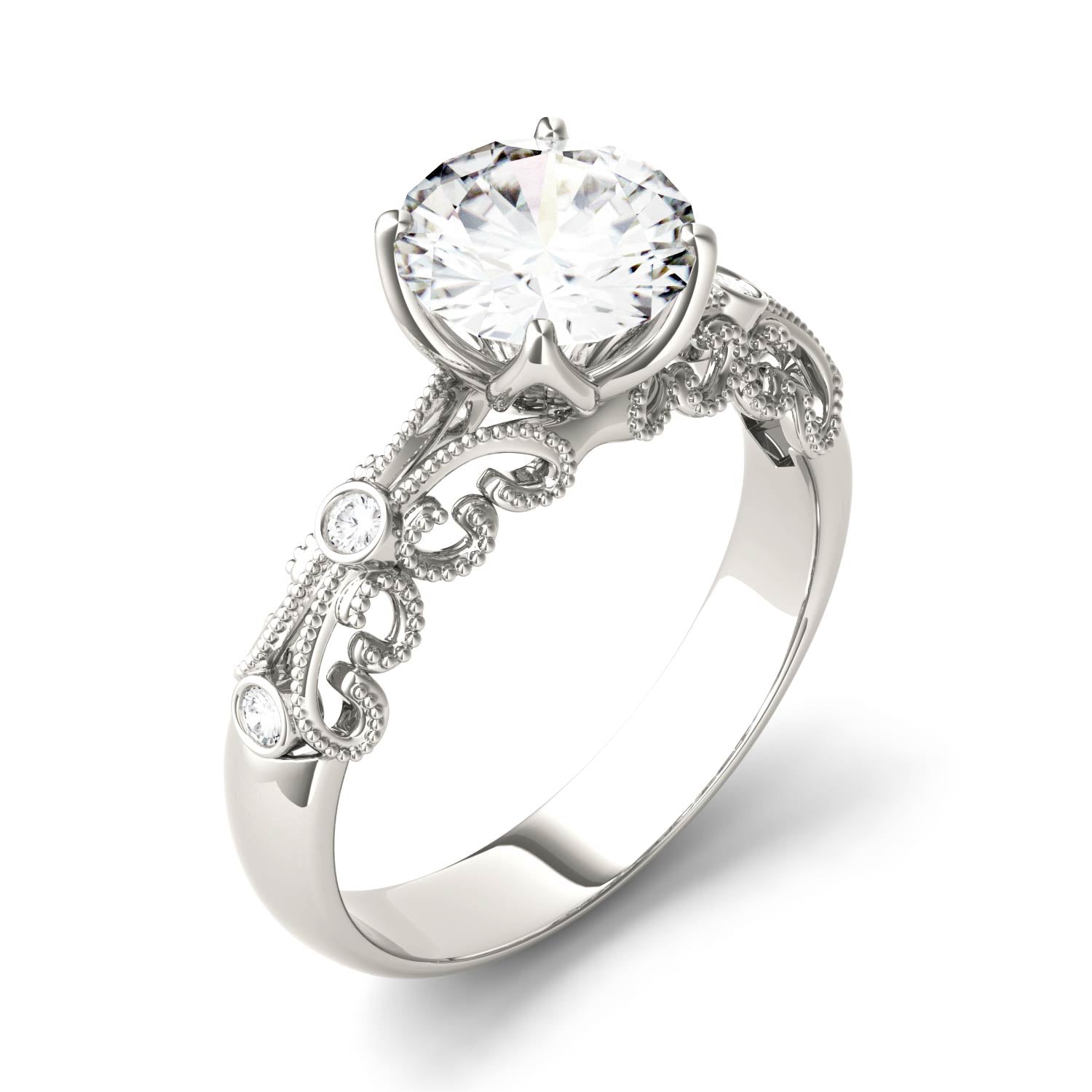 1.54 CTW DEW Round Moissanite Milgrain Accented Engagement Ring in 14K White Gold