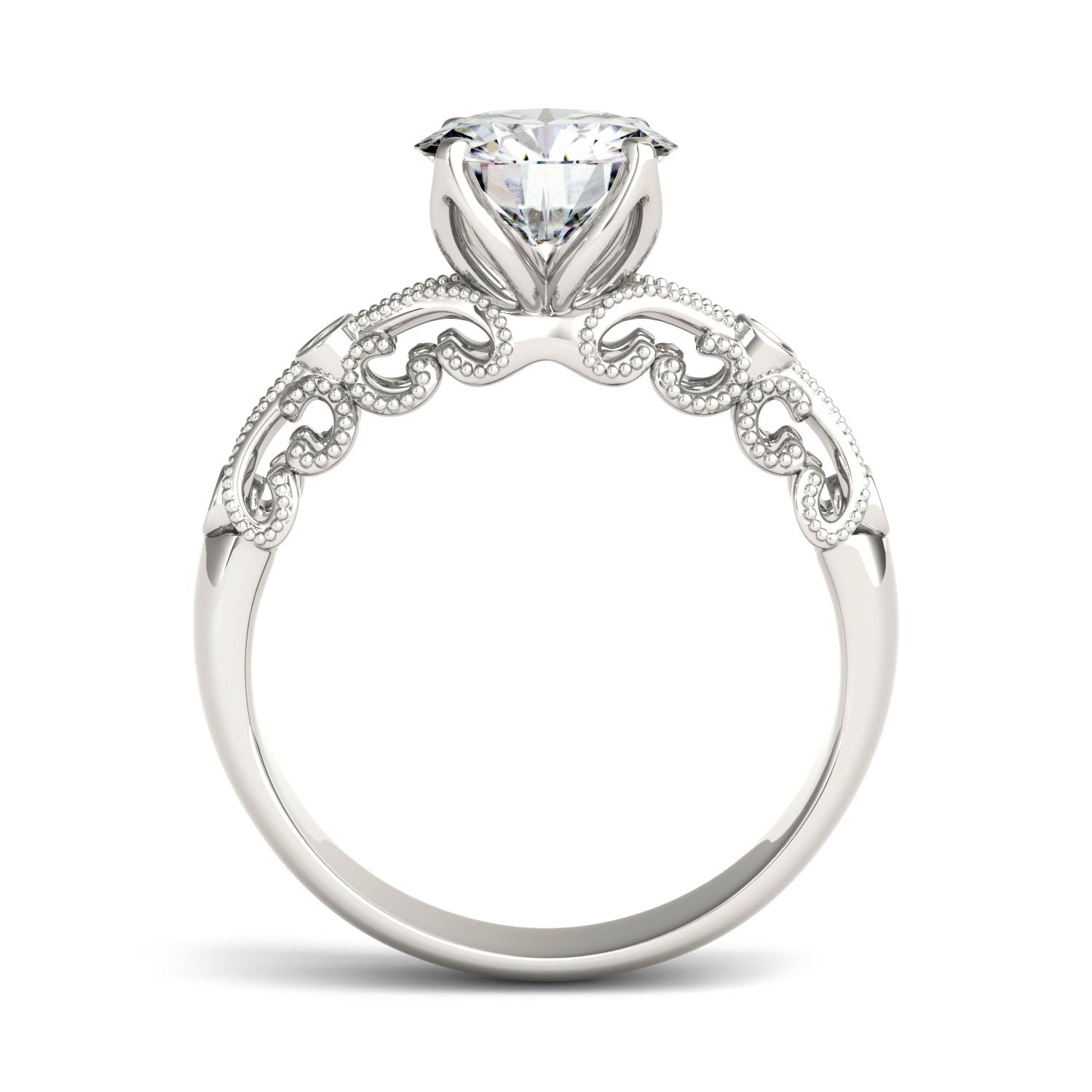 1.54 CTW DEW Round Moissanite Milgrain Accented Engagement Ring in 14K White Gold