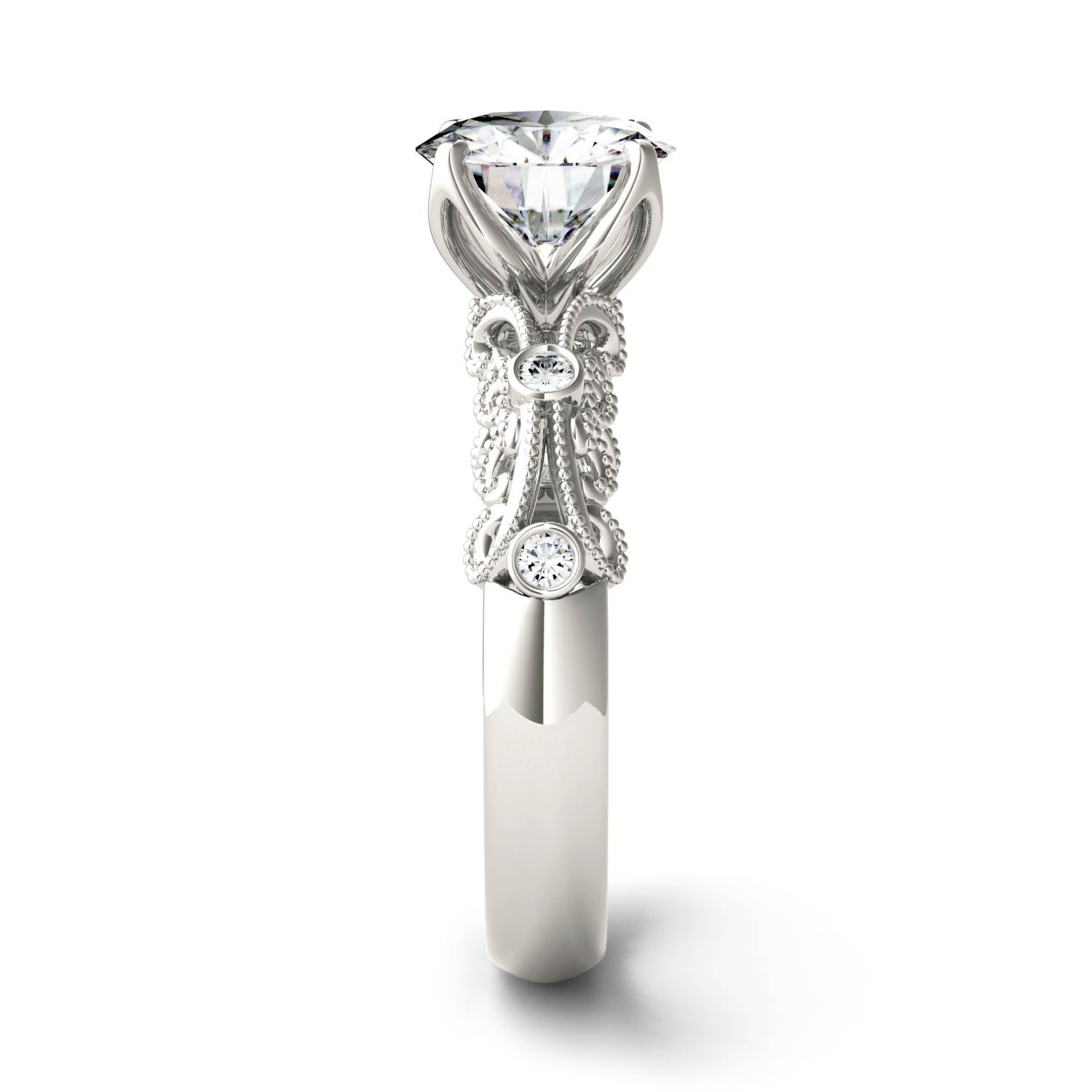 1.54 CTW DEW Round Moissanite Milgrain Accented Engagement Ring in 14K White Gold