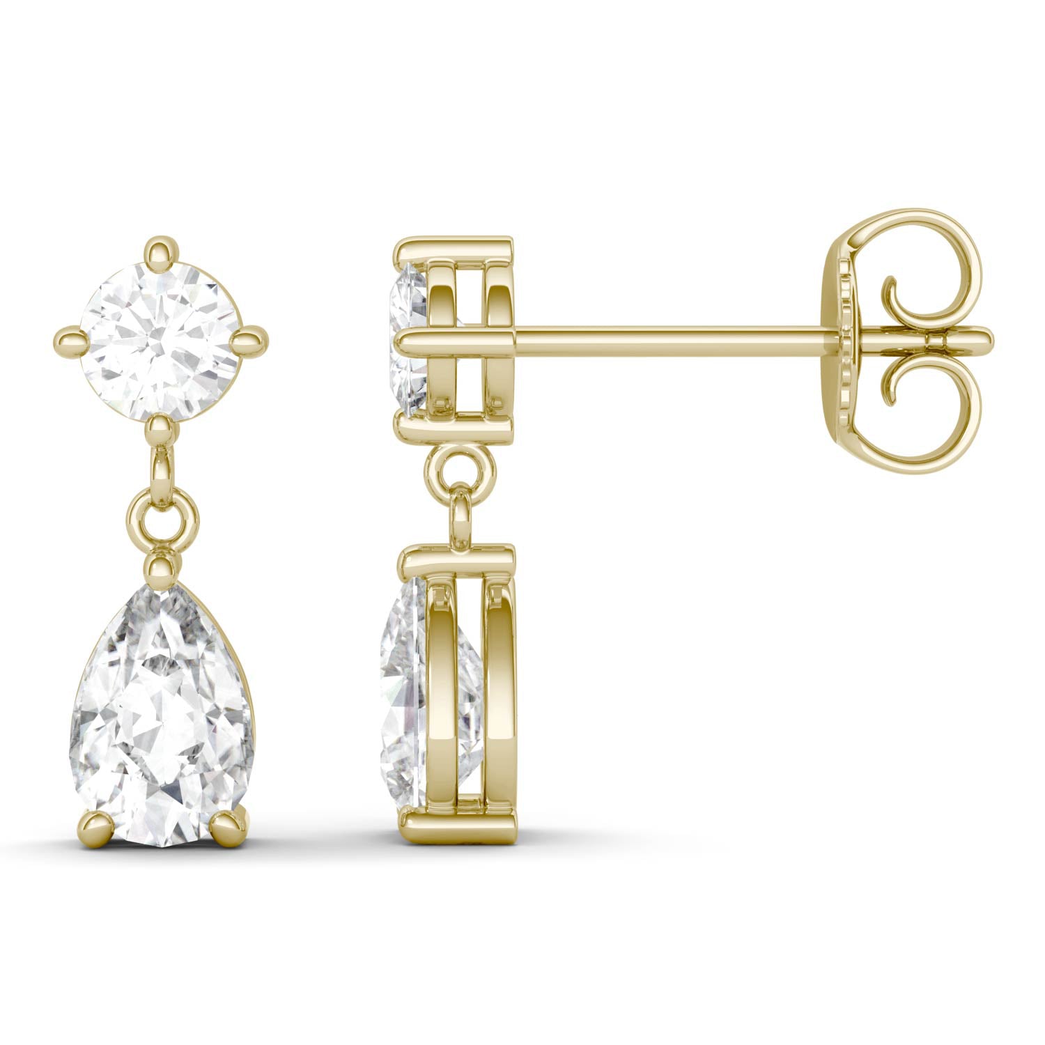 1.18 CTW DEW Round and Pear Moissanite Drop Stud Earrings in 14K Yellow Gold