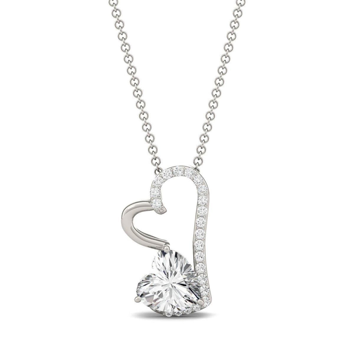 1.42 CTW DEW Heart Moissanite Double Heart Pendant in 14K White Gold