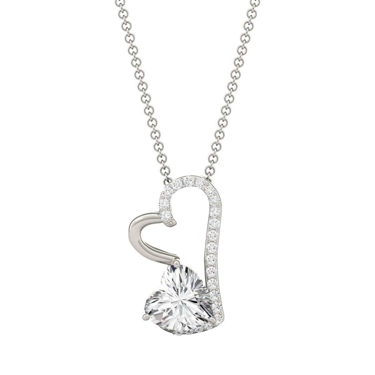 1.42 CTW DEW Heart Moissanite Double Heart Pendant in 14K White Gold