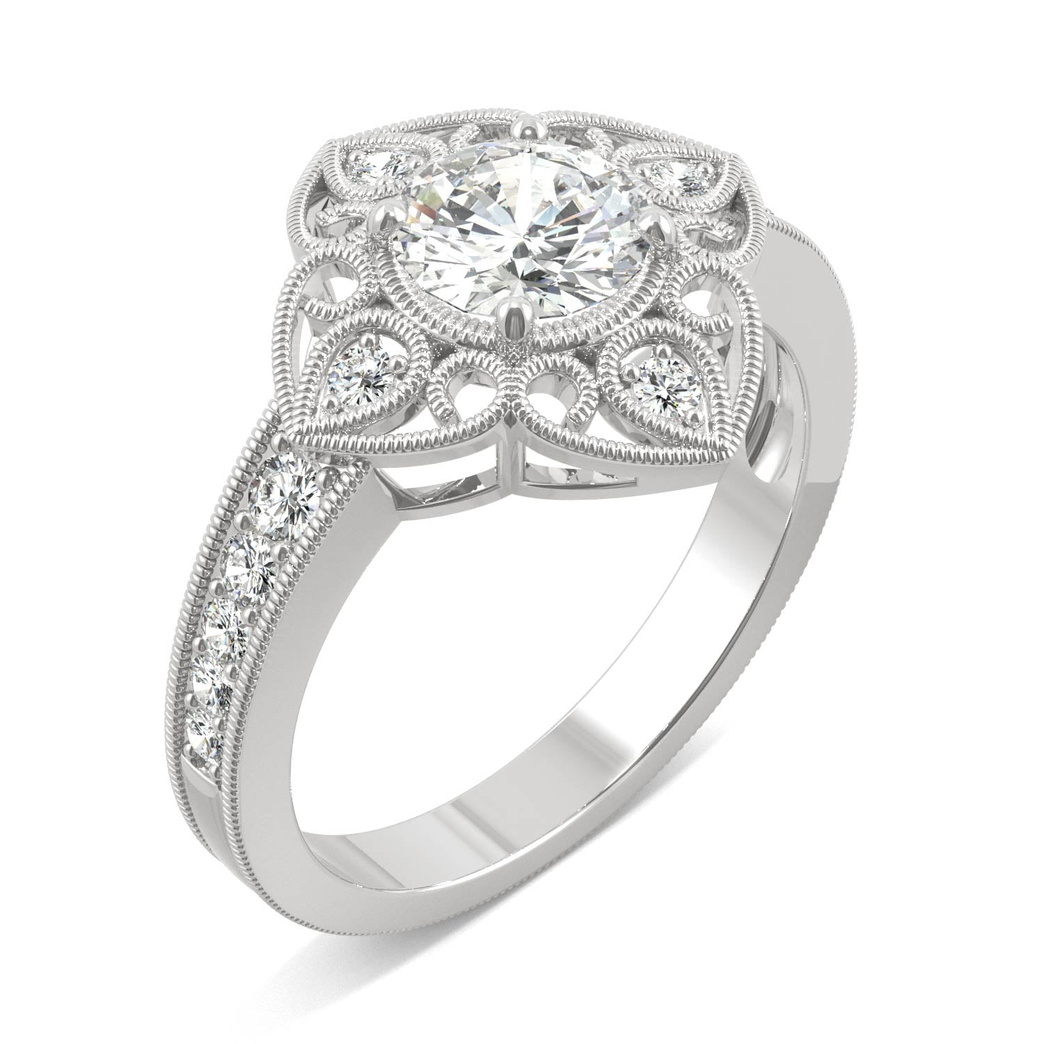 1.05 CTW DEW Round Moissanite Floral Milgrain Fashion Ring in 14K White Gold