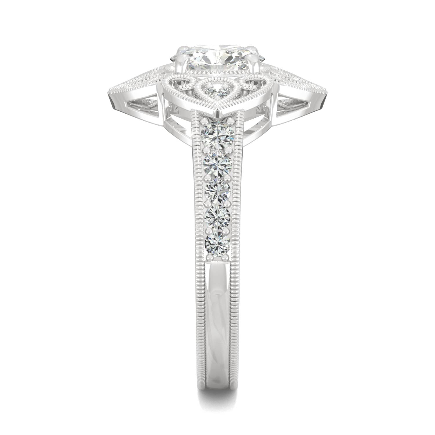 1.05 CTW DEW Round Moissanite Floral Milgrain Fashion Ring in 14K White Gold