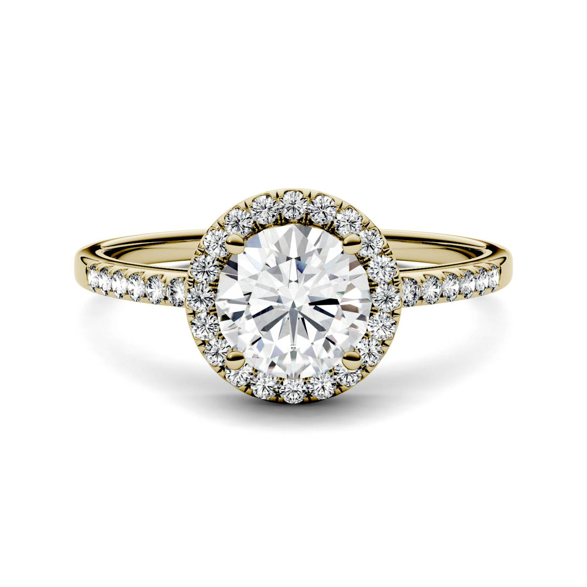 1.30 CTW DEW Round Moissanite Halo Ring in 14K Yellow Gold
