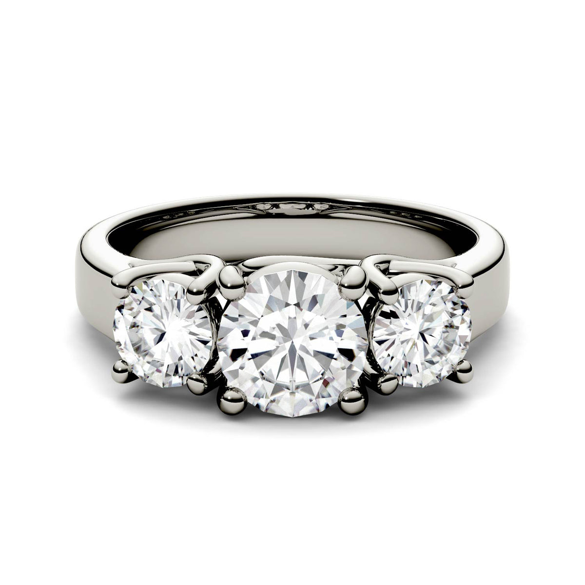2.00 CTW DEW Round Moissanite Three-Stone Trellis Ring in 14K White Gold