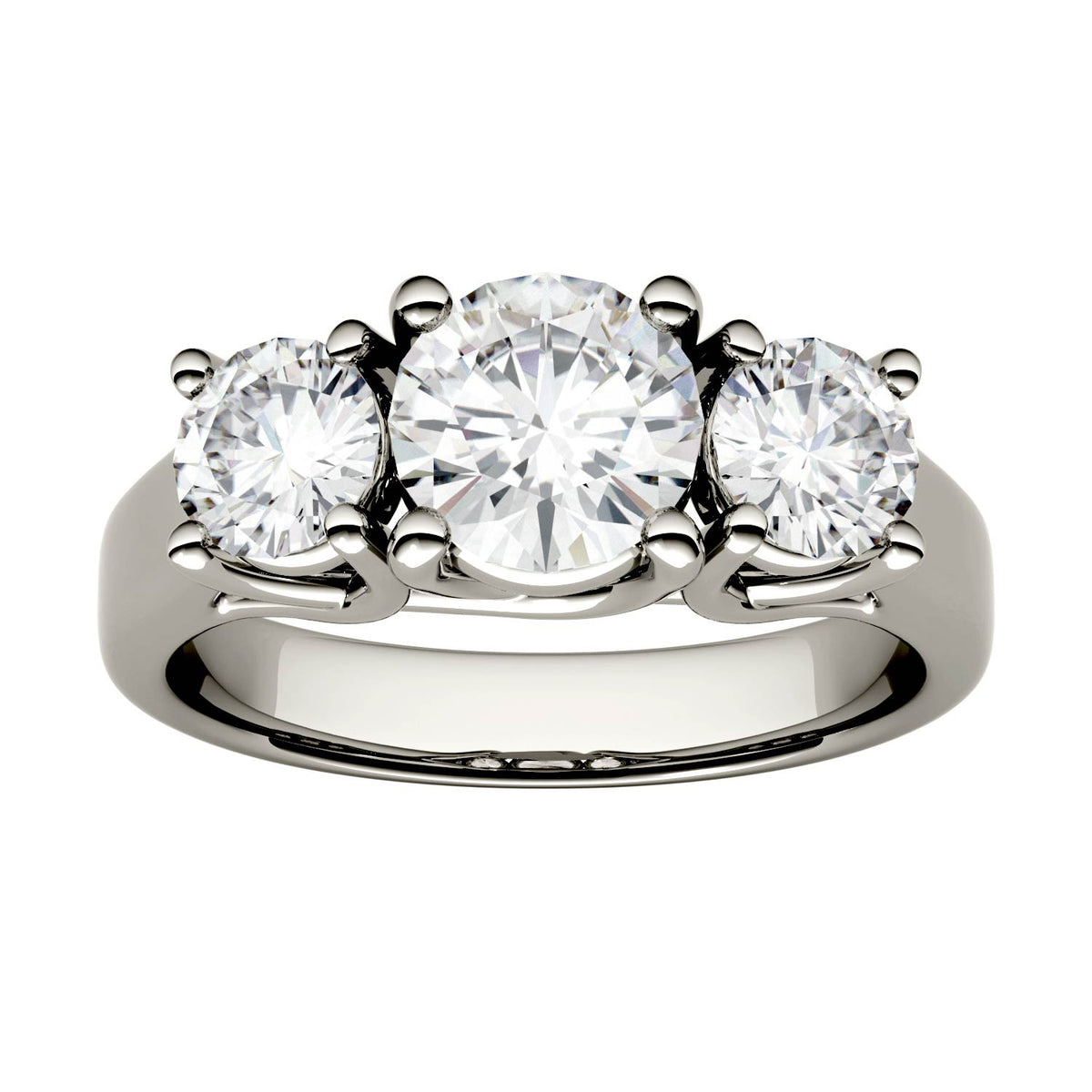 2.00 CTW DEW Round Moissanite Three-Stone Trellis Ring in 14K White Gold