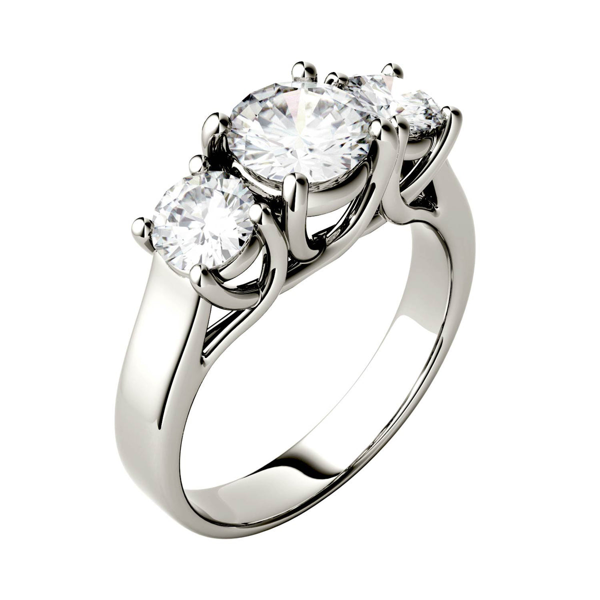 2.00 CTW DEW Round Moissanite Three-Stone Trellis Ring in 14K White Gold