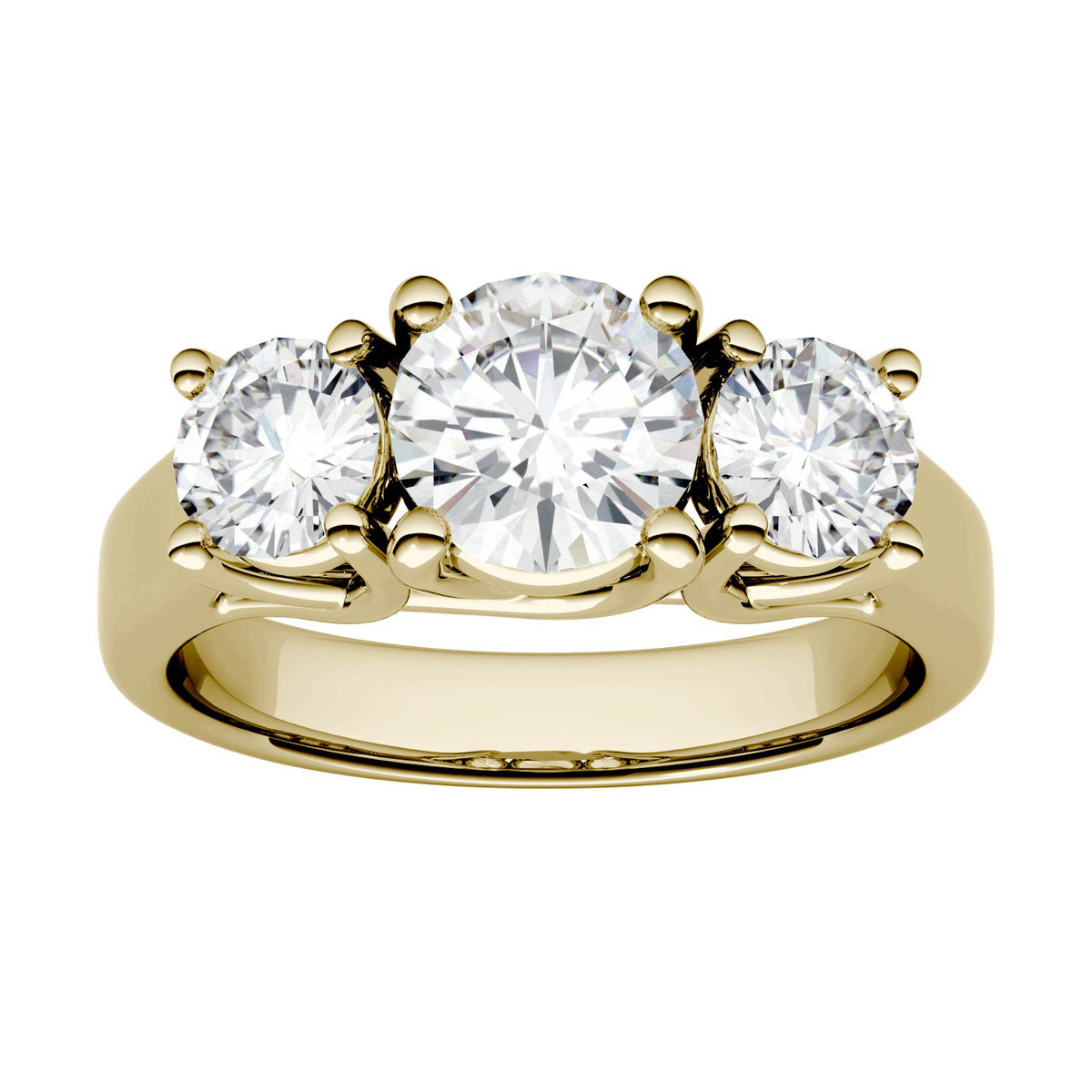 2.00 CTW DEW Round Moissanite Three-Stone Ring in 14K Yellow Gold