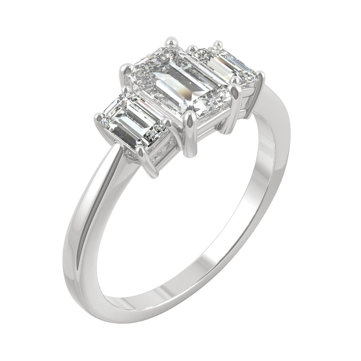 1.55 CTW DEW Emerald Moissanite Three-Stone Ring in 14K White Gold
