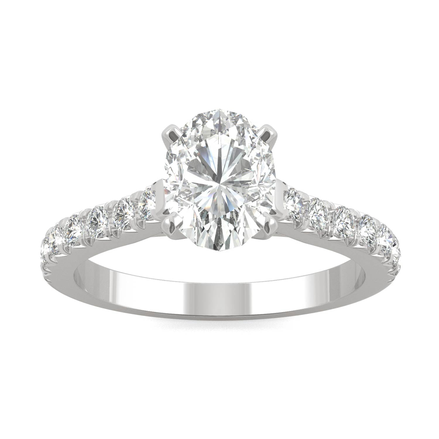 1.78 CTW DEW Oval Moissanite Side Stone Engagement Ring in 14K White Gold