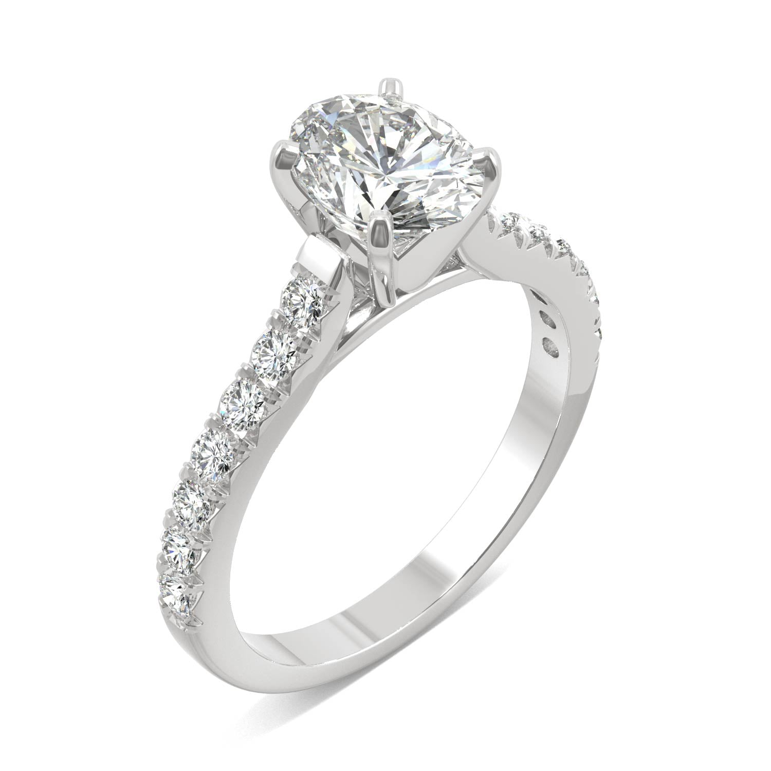 1.78 CTW DEW Oval Moissanite Side Stone Engagement Ring in 14K White Gold