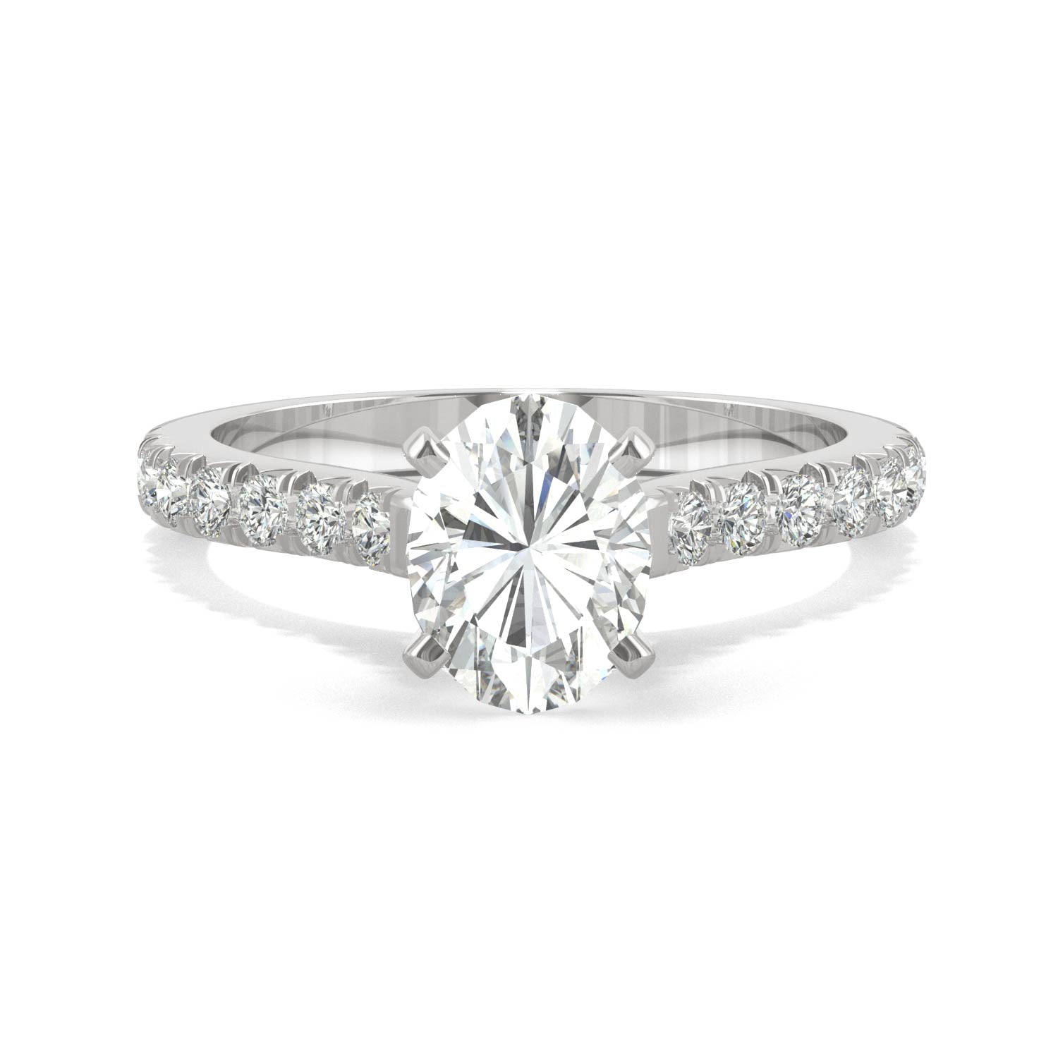 1.78 CTW DEW Oval Moissanite Side Stone Engagement Ring in 14K White Gold