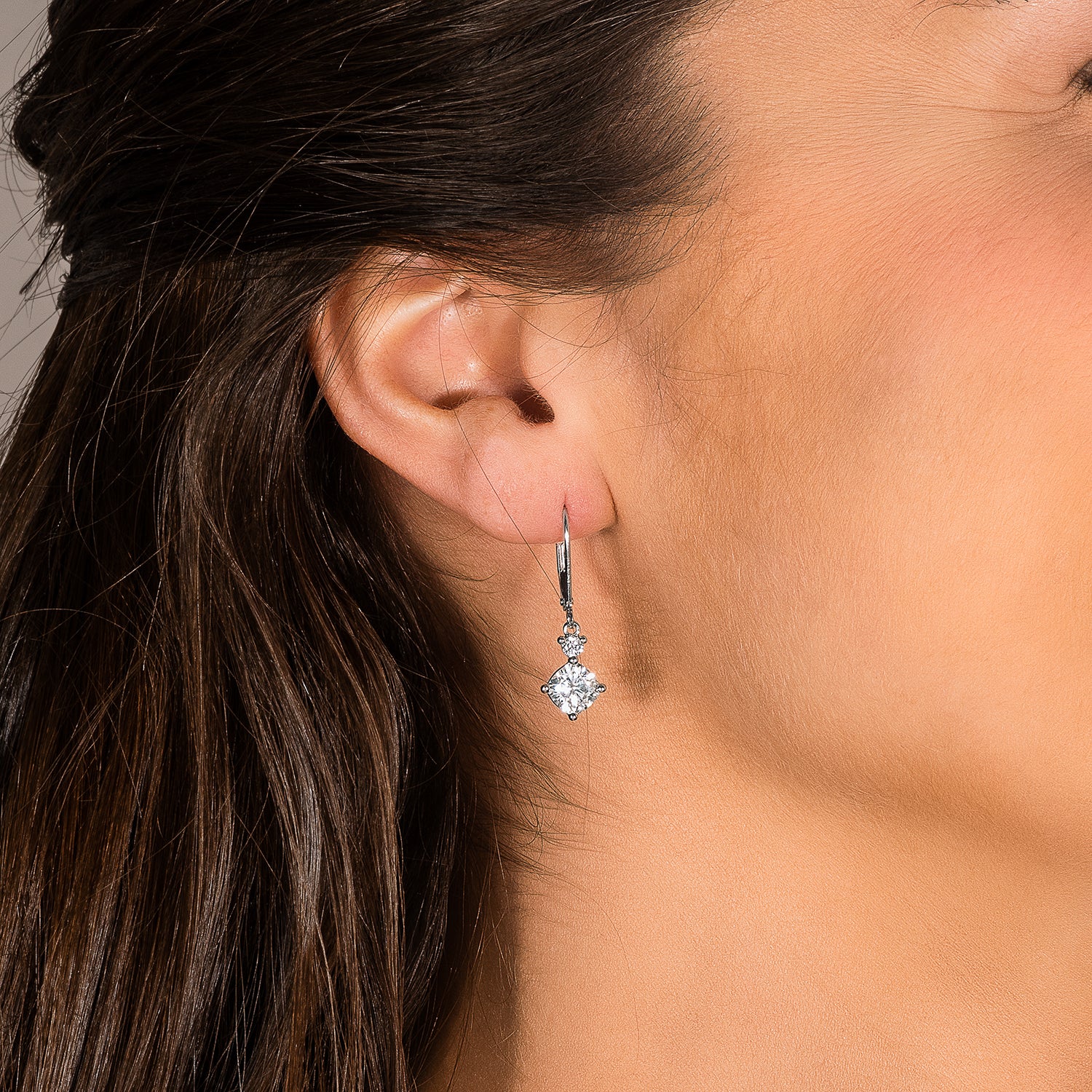 2.32 CTW DEW Cushion Moissanite Drop Leverback Earrings in 14K White Gold
