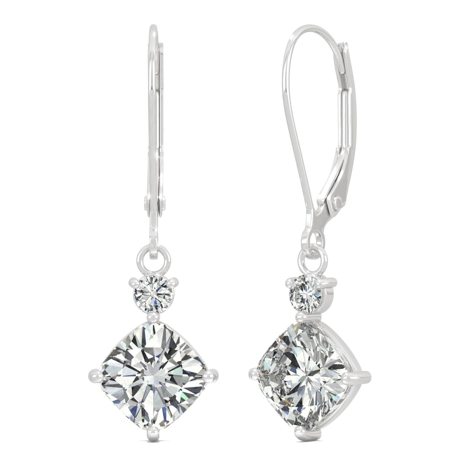 2.32 CTW DEW Cushion Moissanite Drop Leverback Earrings in 14K White Gold