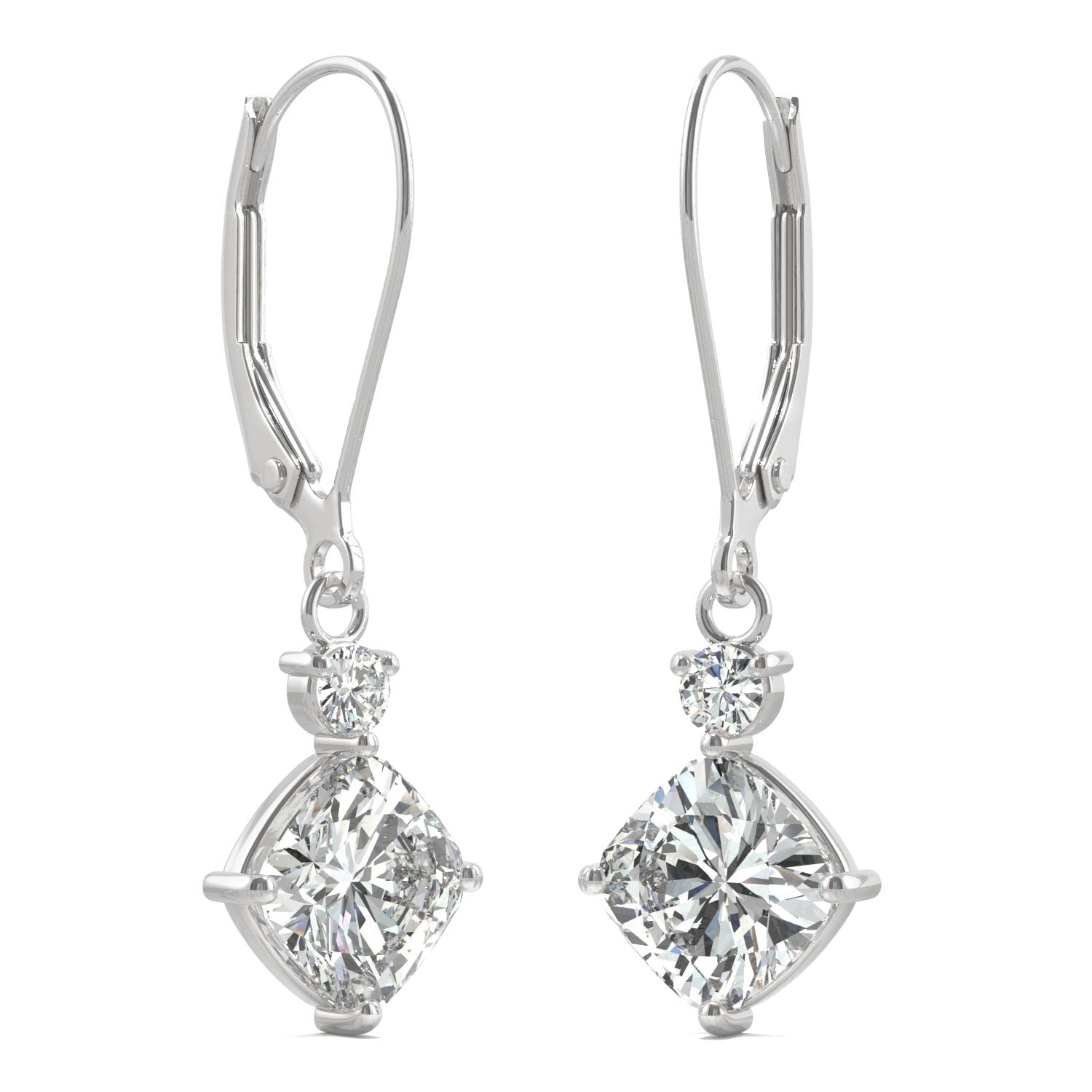 2.32 CTW DEW Cushion Moissanite Drop Leverback Earrings in 14K White Gold