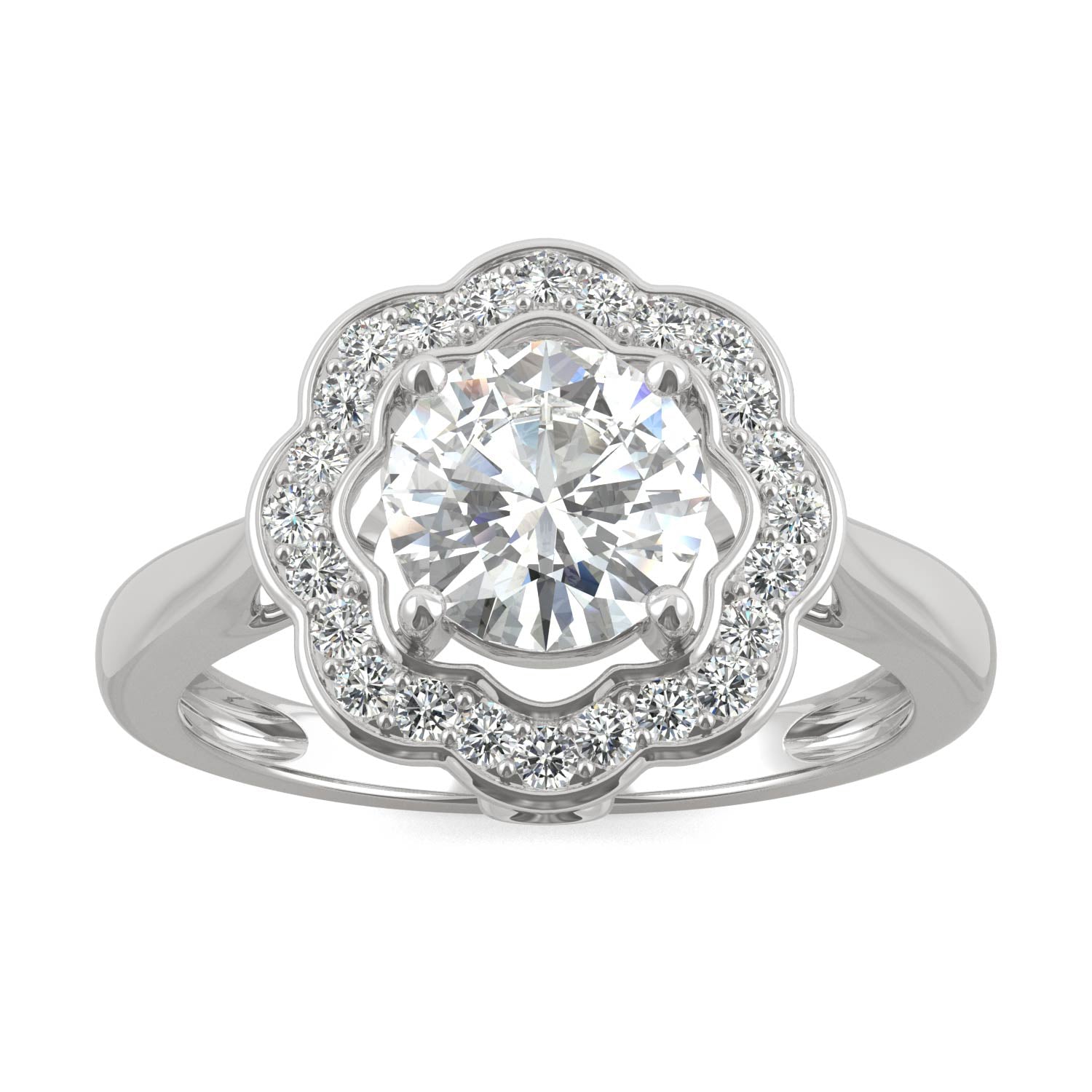 1.29 CTW DEW Round Moissanite Floral Halo Engagement Ring in 14K White Gold