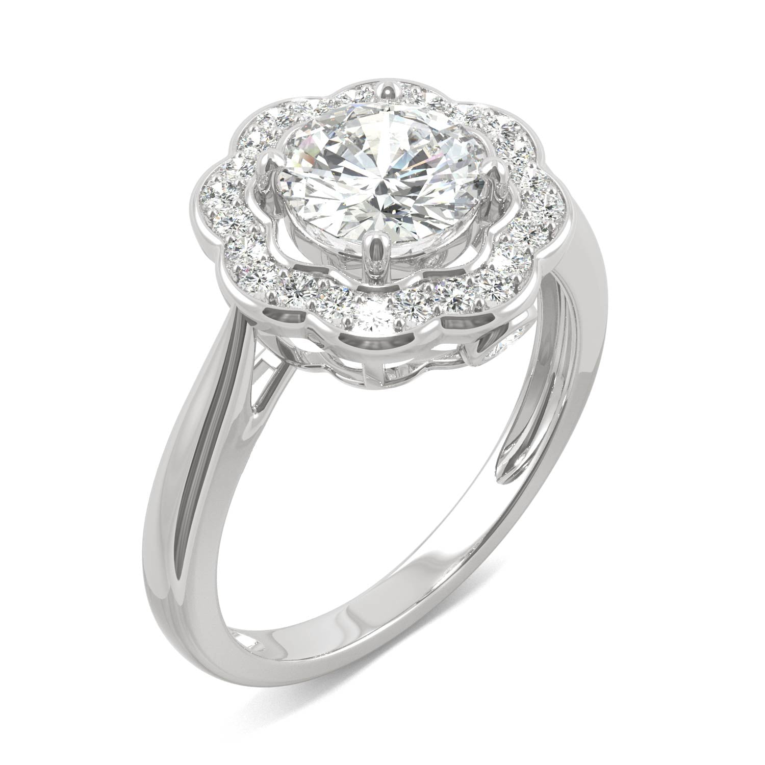1.29 CTW DEW Round Moissanite Floral Halo Engagement Ring in 14K White Gold