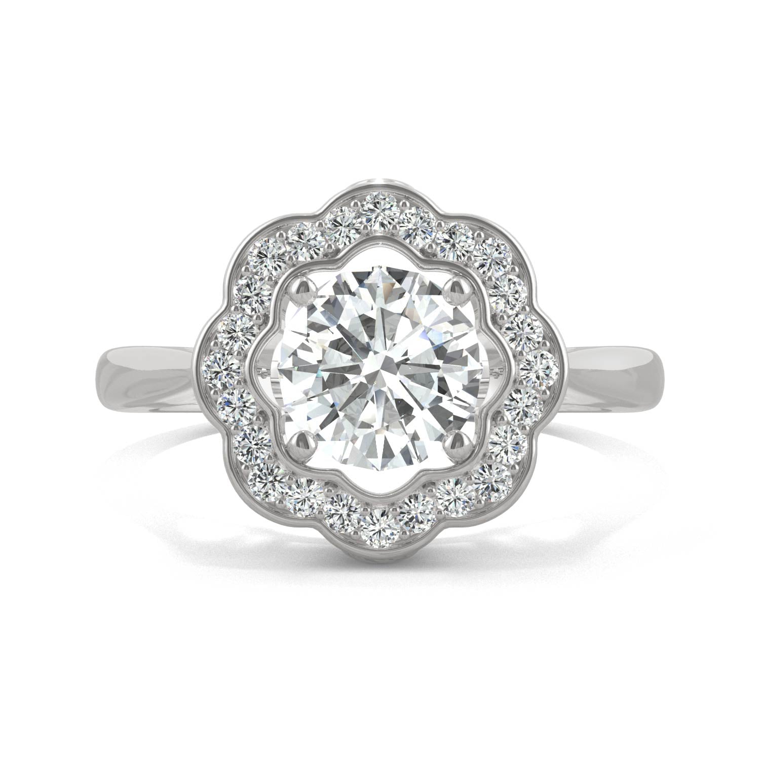 1.29 CTW DEW Round Moissanite Floral Halo Engagement Ring in 14K White Gold