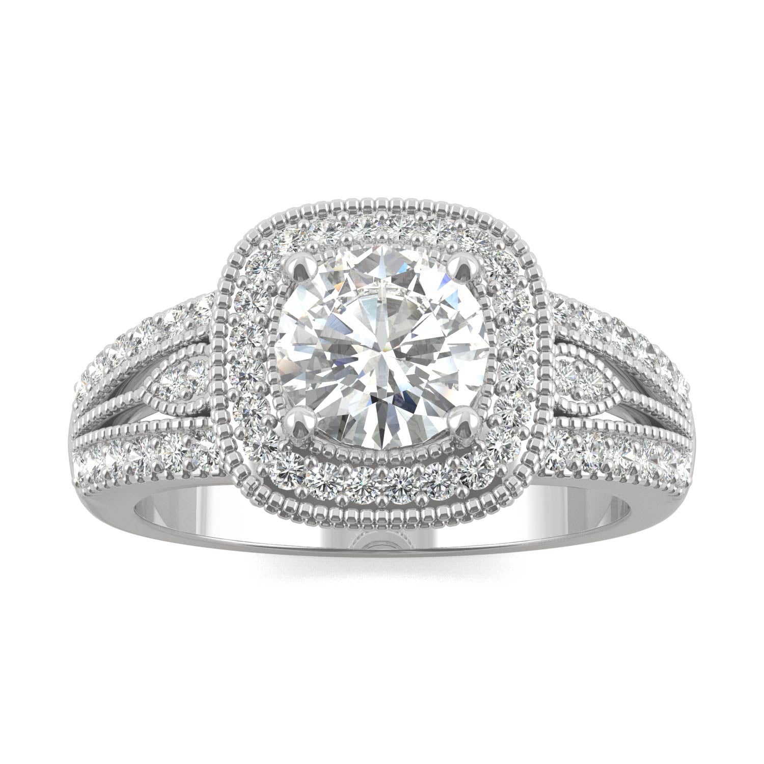 1.47 CTW DEW Round Moissanite Milgrain Accented Halo Engagement Ring in 14K White Gold