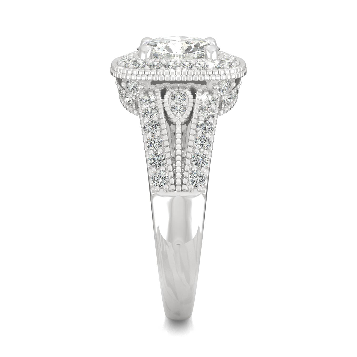 1.47 CTW DEW Round Moissanite Milgrain Accented Halo Engagement Ring in 14K White Gold