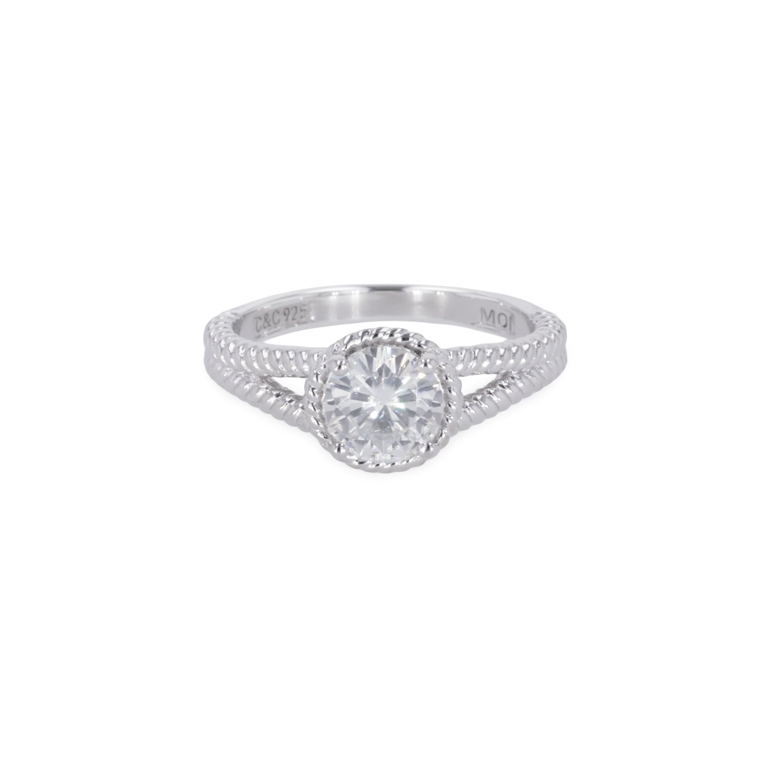 1.00 CTW DEW Round Moissanite Split-Shank Engagement Ring in Sterling Silver