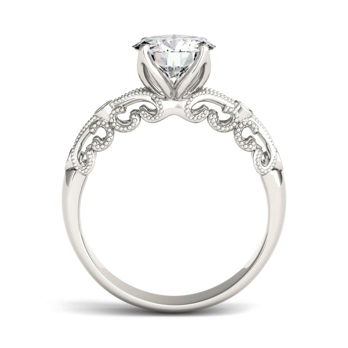 1.54 CTW DEW Round Moissanite Milgrain Engagement Ring in 14K White Gold