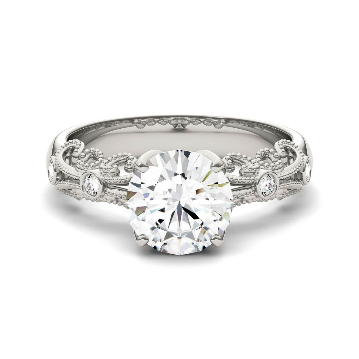 1.54 CTW DEW Round Moissanite Milgrain Engagement Ring in 14K White Gold