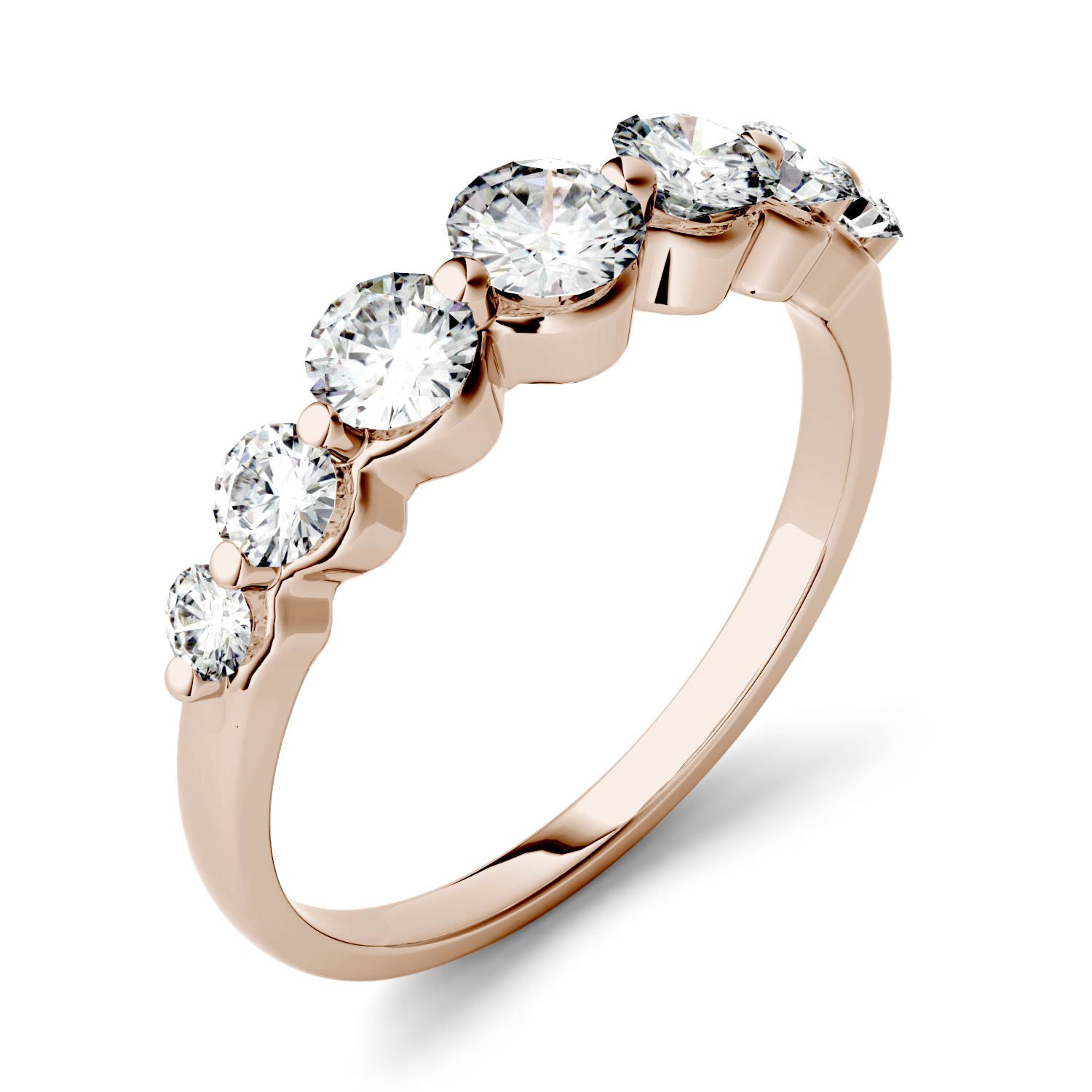 0.87 CTW DEW Round Moissanite Graduated Anniversary Band in 14K Rose Gold
