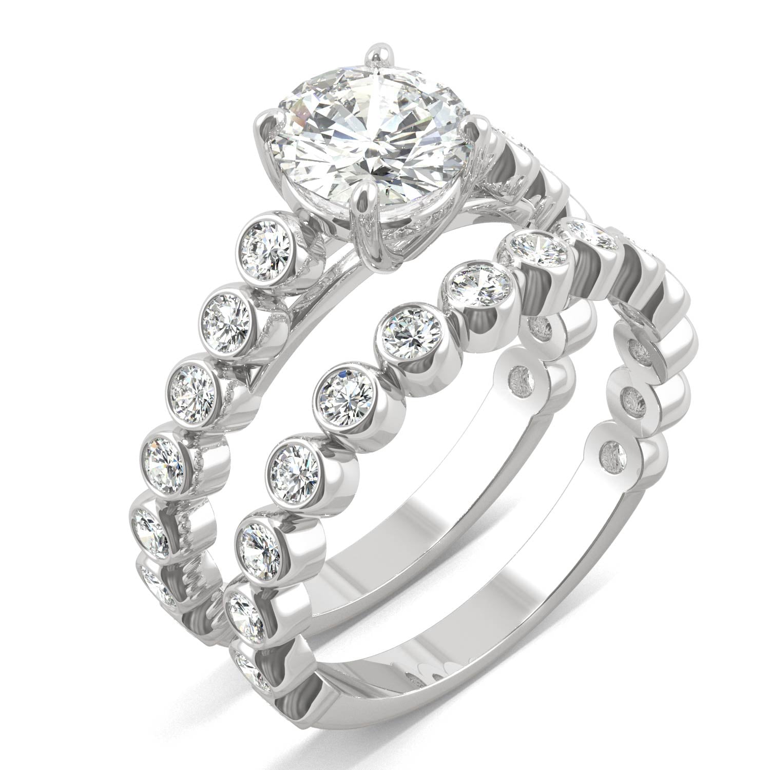 2.22 CTW DEW Round Moissanite Bezel Side-Stone Wedding Set in 14K White Gold