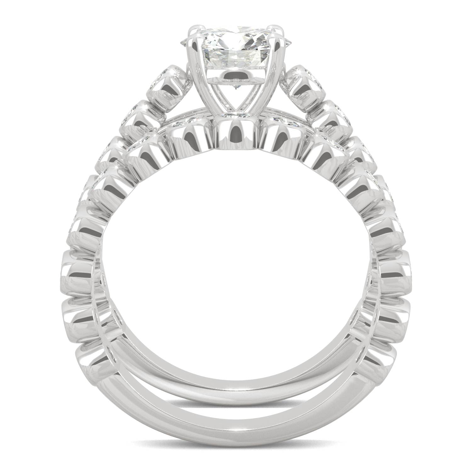 2.22 CTW DEW Round Moissanite Bezel Side-Stone Wedding Set in 14K White Gold