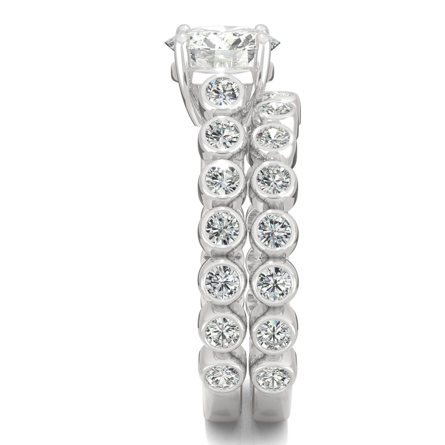 2.22 CTW DEW Round Moissanite Bezel Side-Stone Wedding Set in 14K White Gold