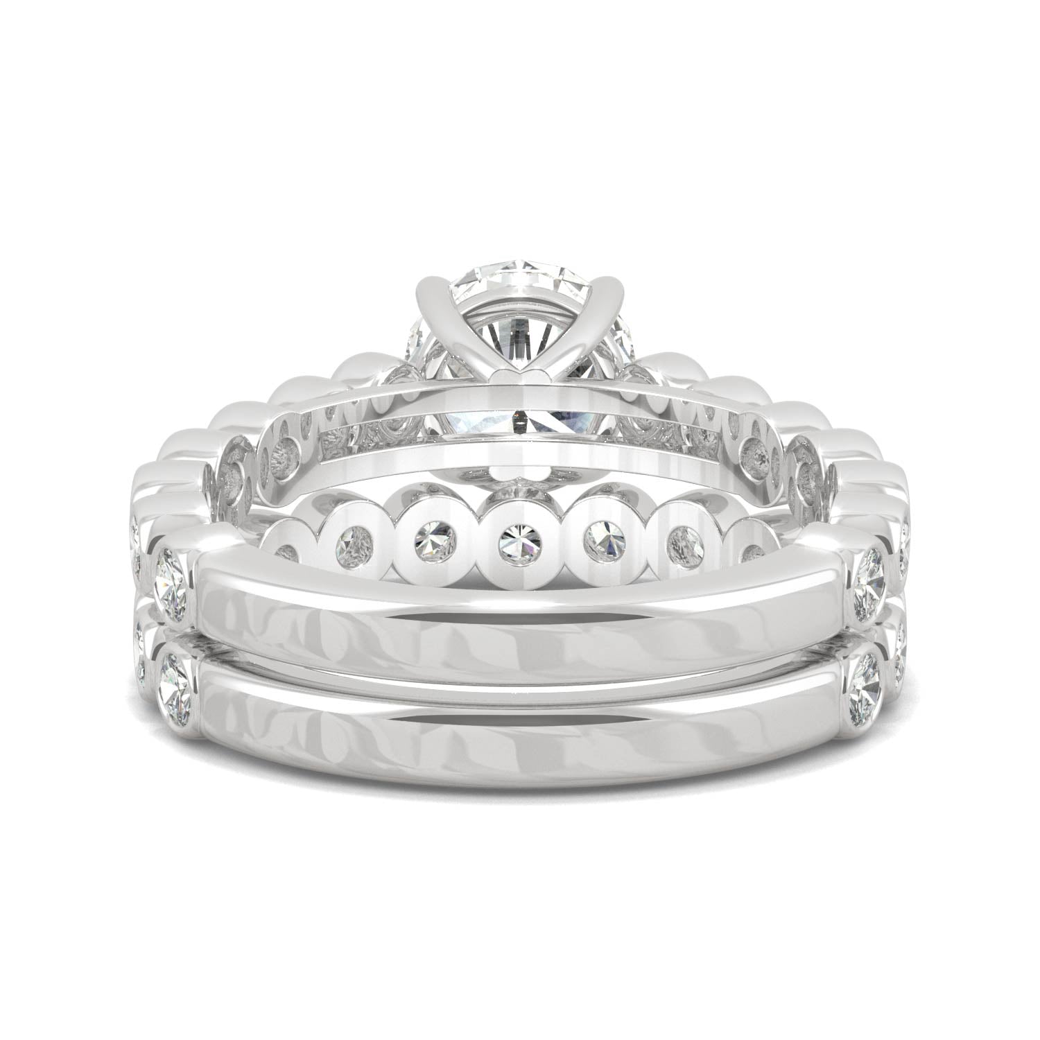 2.22 CTW DEW Round Moissanite Bezel Side-Stone Wedding Set in 14K White Gold